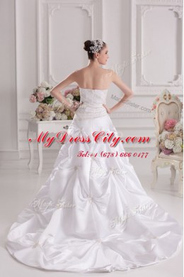 White Zipper Wedding Gowns Beading and Ruching and Pick Ups Sleeveless Brush Train