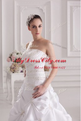 White Zipper Wedding Gowns Beading and Ruching and Pick Ups Sleeveless Brush Train