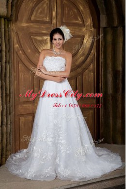 Low Price Strapless Sleeveless Brush Train Zipper Wedding Gowns White Organza