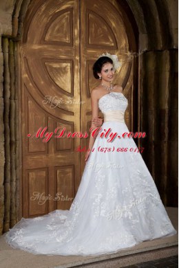 Low Price Strapless Sleeveless Brush Train Zipper Wedding Gowns White Organza