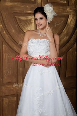Low Price Strapless Sleeveless Brush Train Zipper Wedding Gowns White Organza