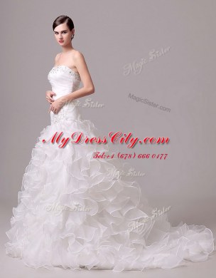 Strapless Sleeveless Organza Bridal Gown Beading and Appliques and Ruffles and Ruching Court Train Lace Up