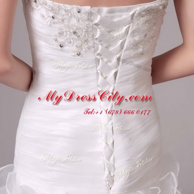 Strapless Sleeveless Organza Bridal Gown Beading and Appliques and Ruffles and Ruching Court Train Lace Up