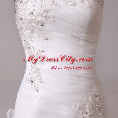 Strapless Sleeveless Organza Bridal Gown Beading and Appliques and Ruffles and Ruching Court Train Lace Up