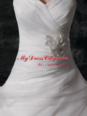Great White A-line Organza V-neck Sleeveless Ruffled Layers and Hand Made Flower Lace Up Wedding Gowns Brush Train