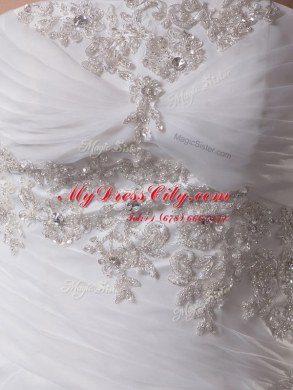 Fantastic White A-line Strapless Sleeveless Organza Brush Train Lace Up Beading and Appliques and Ruching Wedding Gown