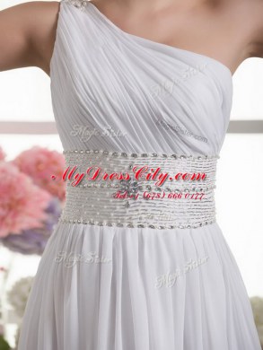Elegant One Shoulder Lace Up Bridal Gown White for Wedding Party with Beading and Ruching Brush Train