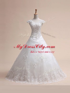 White Tulle Lace Up Wedding Dresses Sleeveless With Train Court Train Beading and Appliques and Bowknot