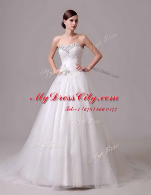 Sleeveless Brush Train Beading and Hand Made Flower Lace Up Wedding Gowns