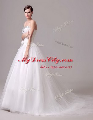 Sleeveless Brush Train Beading and Hand Made Flower Lace Up Wedding Gowns
