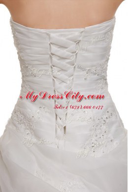 Popular Brush Train Ball Gowns Wedding Dress White Sweetheart Organza Sleeveless With Train Lace Up