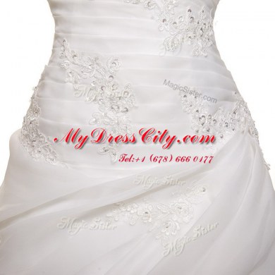 Popular Brush Train Ball Gowns Wedding Dress White Sweetheart Organza Sleeveless With Train Lace Up
