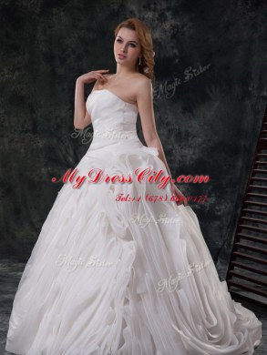 Amazing Brush Train Ball Gowns Wedding Gown White Strapless Organza Sleeveless With Train Lace Up