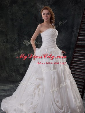 Amazing Brush Train Ball Gowns Wedding Gown White Strapless Organza Sleeveless With Train Lace Up