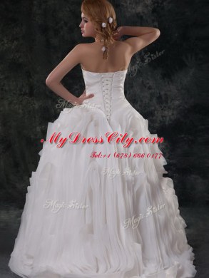 Amazing Brush Train Ball Gowns Wedding Gown White Strapless Organza Sleeveless With Train Lace Up