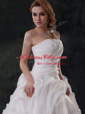 Amazing Brush Train Ball Gowns Wedding Gown White Strapless Organza Sleeveless With Train Lace Up