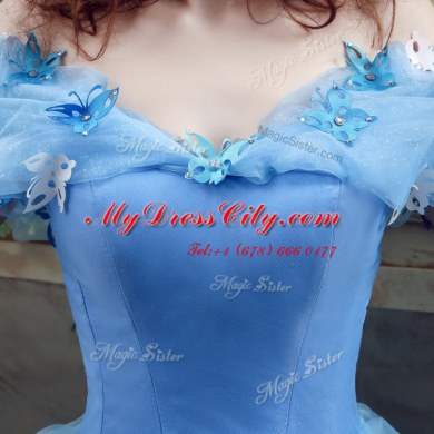 Glittering Off the Shoulder Blue Organza Lace Up Wedding Dresses Sleeveless Floor Length Ruching and Bowknot