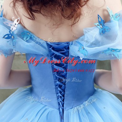Glittering Off the Shoulder Blue Organza Lace Up Wedding Dresses Sleeveless Floor Length Ruching and Bowknot