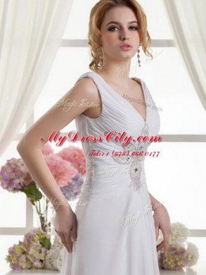 Floor Length White Bridal Gown V-neck Sleeveless Lace Up