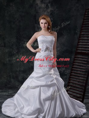Mermaid Strapless Sleeveless Taffeta Wedding Gown Pick Ups and Hand Made Flower Brush Train Lace Up