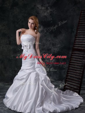 Mermaid Strapless Sleeveless Taffeta Wedding Gown Pick Ups and Hand Made Flower Brush Train Lace Up
