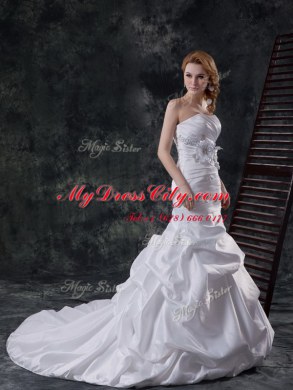 Mermaid Strapless Sleeveless Taffeta Wedding Gown Pick Ups and Hand Made Flower Brush Train Lace Up