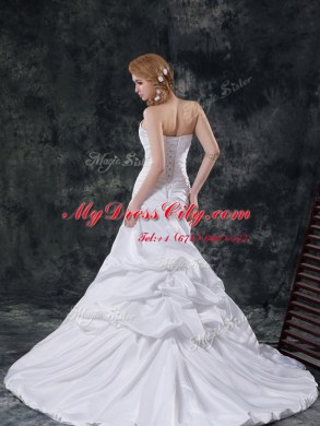 Mermaid Strapless Sleeveless Taffeta Wedding Gown Pick Ups and Hand Made Flower Brush Train Lace Up