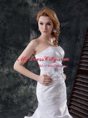 Mermaid Strapless Sleeveless Taffeta Wedding Gown Pick Ups and Hand Made Flower Brush Train Lace Up
