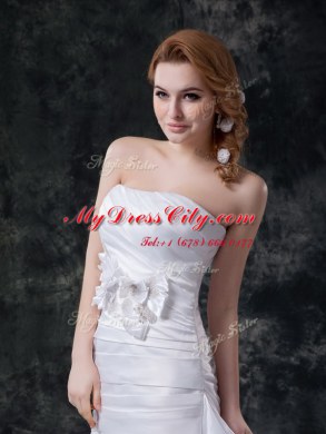 Mermaid Strapless Sleeveless Taffeta Wedding Gown Pick Ups and Hand Made Flower Brush Train Lace Up