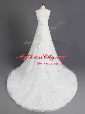 Amazing White Empire Organza Square Sleeveless Beading and Appliques and Bowknot With Train Lace Up Wedding Gowns Chapel Train