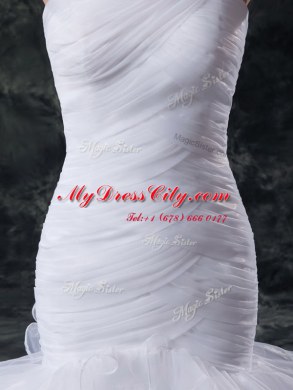 Cheap Mermaid Strapless Sleeveless Brush Train Lace Up Wedding Dress White Organza