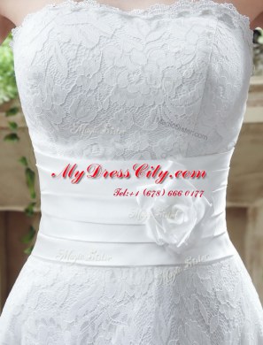 Latest Sleeveless Lace Up Ankle Length Lace and Hand Made Flower Wedding Dress