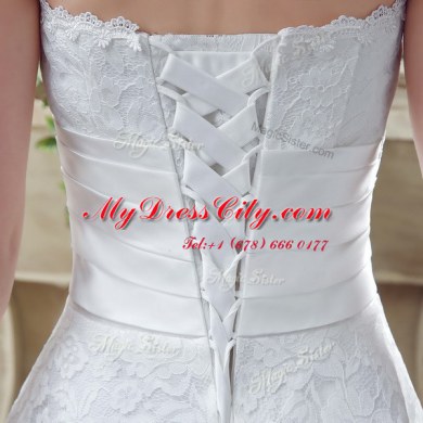 Latest Sleeveless Lace Up Ankle Length Lace and Hand Made Flower Wedding Dress
