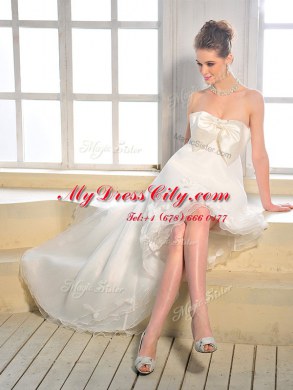 A-line Wedding Dress White Strapless Chiffon Sleeveless High Low Zipper