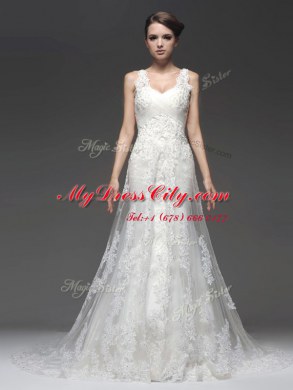 Best White Column/Sheath Lace and Appliques Wedding Dress Zipper Chiffon Sleeveless With Train