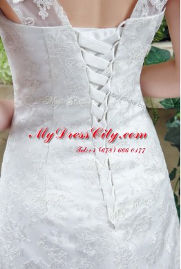 White Lace Up Wedding Dress Lace and Appliques Sleeveless Brush Train