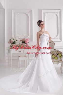 White Sweetheart Neckline Lace and Bowknot Wedding Dresses Sleeveless Lace Up