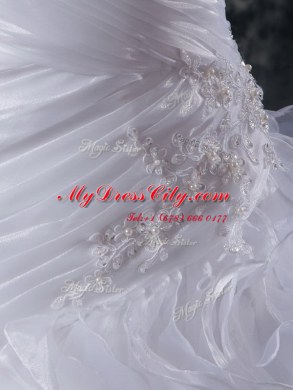 Organza Sleeveless With Train Wedding Gowns Brush Train and Beading and Appliques and Ruffles