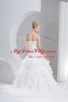 Ruffled Sleeveless Brush Train Beading and Ruffles Lace Up Bridal Gown