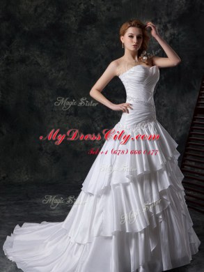 Sleeveless Ruffled Layers and Ruching Lace Up Wedding Gown with White Brush Train