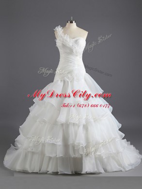 Shining Ruffled Sweetheart Sleeveless Court Train Lace Up Bridal Gown White Chiffon