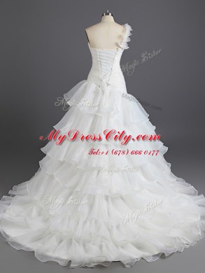 Shining Ruffled Sweetheart Sleeveless Court Train Lace Up Bridal Gown White Chiffon
