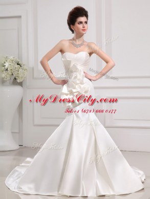 Sumptuous Mermaid Ruffled Sleeveless Satin With Train Court Train Zipper Wedding Gowns in White with Ruffles and Ruching