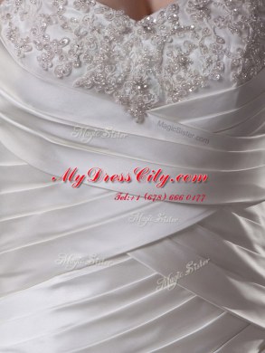 Mermaid Sleeveless Court Train Beading and Ruching Lace Up Wedding Gowns