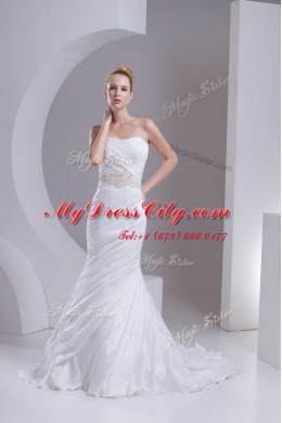 Modest Mermaid White Strapless Neckline Beading and Appliques and Ruching Bridal Gown Sleeveless Lace Up