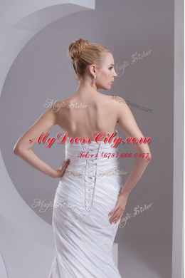 Modest Mermaid White Strapless Neckline Beading and Appliques and Ruching Bridal Gown Sleeveless Lace Up