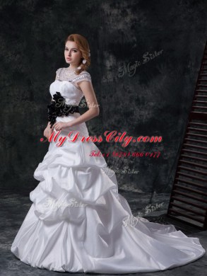 Pick Ups White Cap Sleeves Taffeta Brush Train Lace Up Wedding Dress for Wedding Party