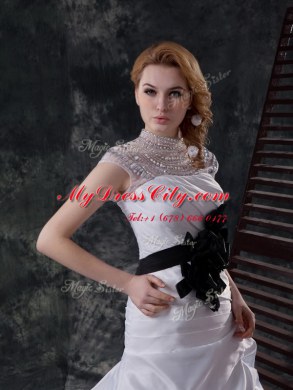 Pick Ups White Cap Sleeves Taffeta Brush Train Lace Up Wedding Dress for Wedding Party