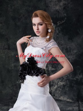 Pick Ups White Cap Sleeves Taffeta Brush Train Lace Up Wedding Dress for Wedding Party