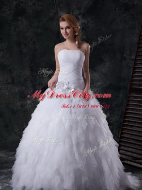 Fantastic White Wedding Gown Wedding Party and For with Beading and Ruffles and Ruching and Hand Made Flower Strapless Sleeveless Brush Train Lace Up